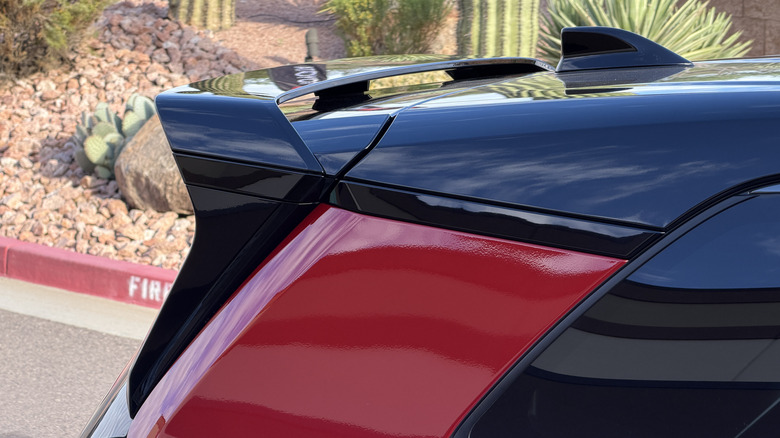 Rear spoiler of a red 2026 Toyota GR Sport