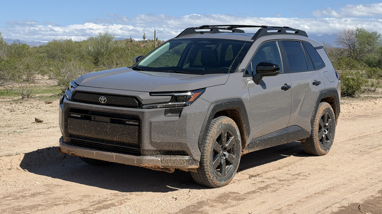 Front 3/4 view of a gray 2026 Toyota RAV4 Woodland