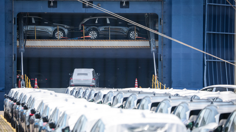 Cars are loaded onto the car carrier ship Polaris Liberty at the automotive terminal on August 11, 2025 in Bremerhaven, Germany.