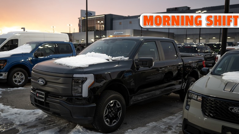 A Ford F-150 Lightning is offered for sale at a Ford dealership on December 15, 2025 in Chicago, Illinois.