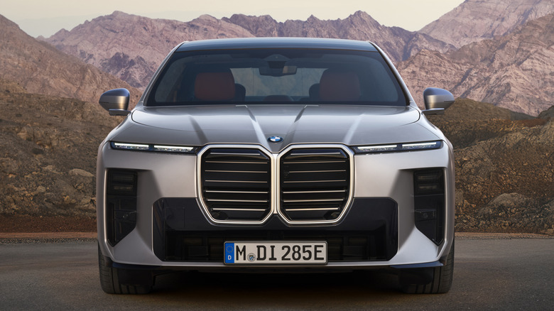 Front end of a silver 2027 BMW 7 Series