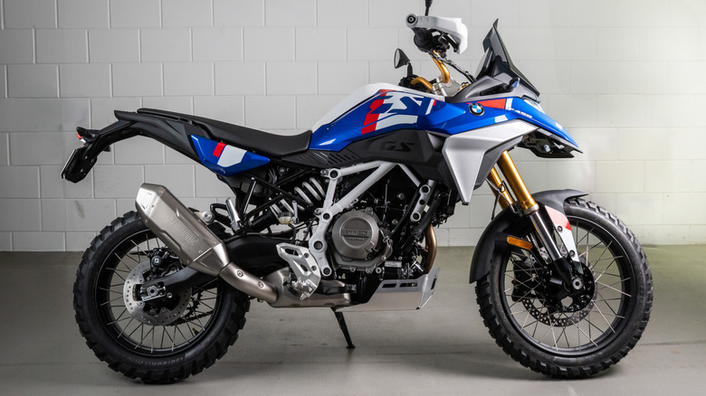 A blue BMW F 450 GS adventure motorcycle
