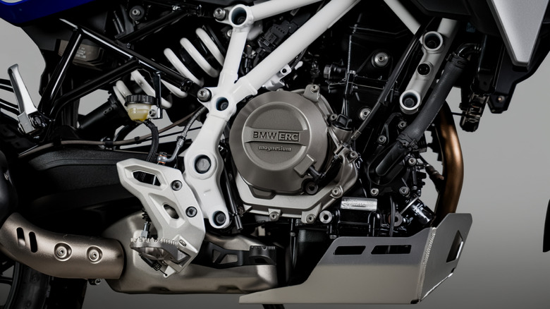 Closeup on the engine of the BMW F 450 GS adventure motorcycle