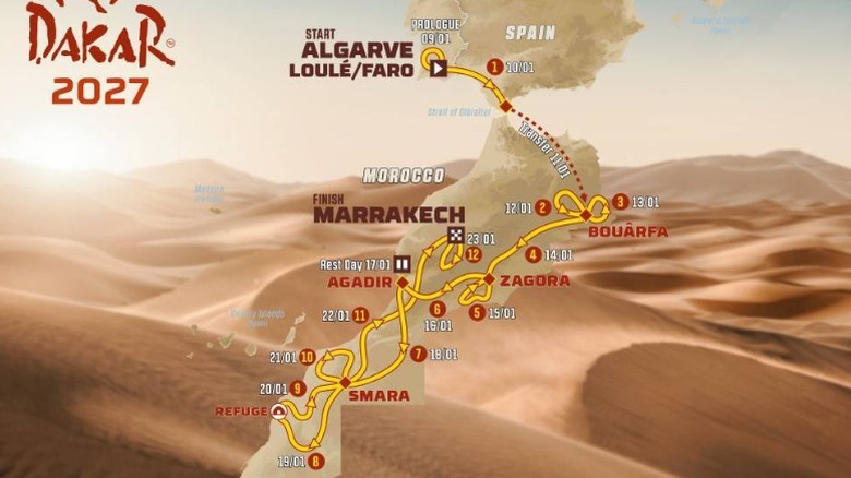 The route of the 2027 Dakar Rally, from Loulé, Portugal to Marrakech, Morocco.