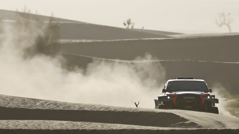 Saood Variawa of South Africa and Francois Cazalet of France and Toyota Gazoo Racing compete during Stage 2 of the 2025 Dakar rallyin Bisha, Saudi Arabia.