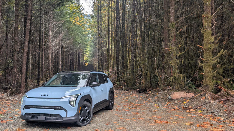a Frost Blue 2027 Kia EV3 parked in front of some old growth pine trees in the pacific northwest