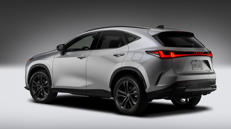 Rear 3/4 view of a silver 2027 Lexus NX