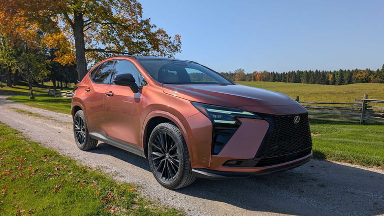 A 2027 Lexus NX parked on a gravel road in front of green hills on a sunny cloudless day