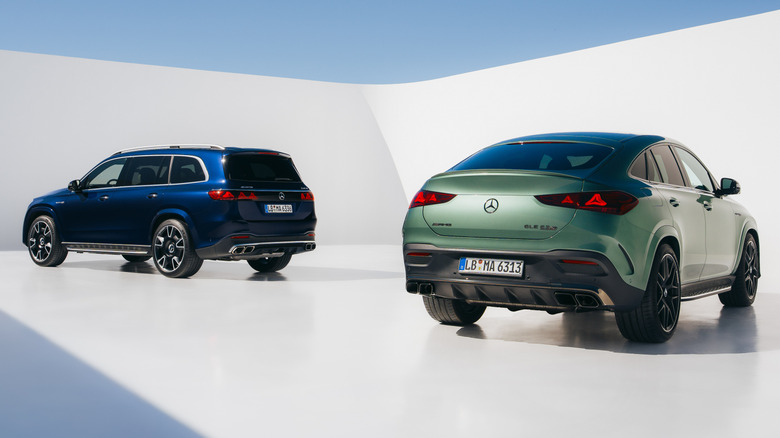 Rear 3/4 view of a green Mercedes-AMG GLE63 S Coupe and a blue GLS63