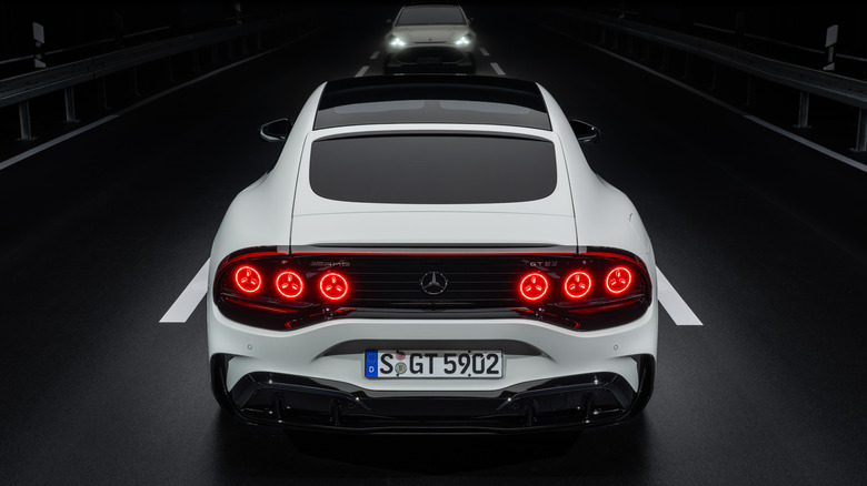 Rear end of a white 2027 Mercedes-AMG GT 4-Door Coupe EV