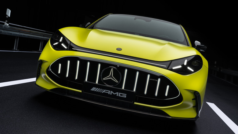 Front end of a yellow 2027 Mercedes-AMG GT 4-Door Coupe EV