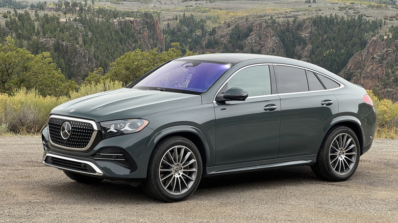 A front three-quarters shot of a gray GLE450 coupe parked on gravel in front of a big gorge with trees