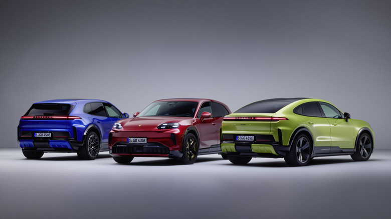 Three brightly colored 2027 Porsche Cayenne Electrics