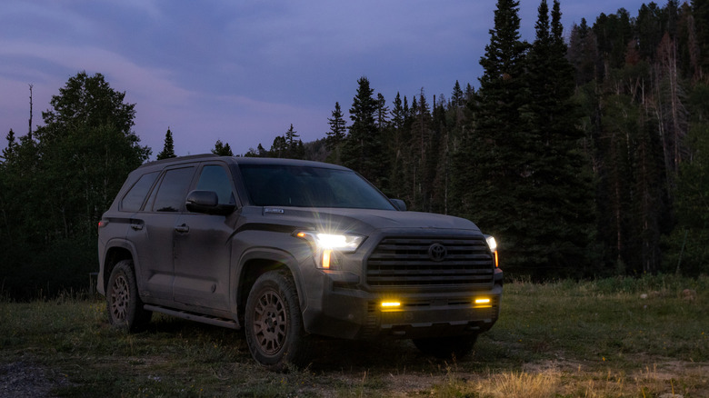 2027 Toyota Sequoia Trailhunter front 3/4 night