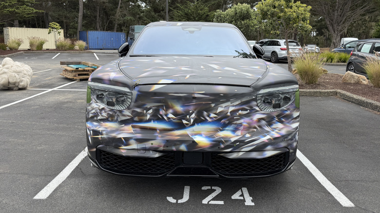 Front end of a camouflaged Bentley Torcal EV prototype