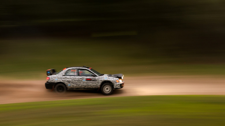 A 2002 Subaru Impreza competing in an off-road rally in Detroit Lakes, Minnesota.