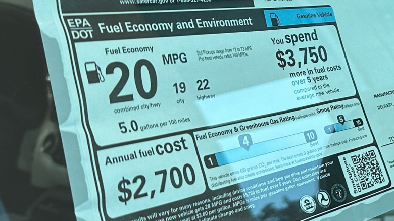 A close-up image of a new car's Monroney label, showing fuel economy figures.