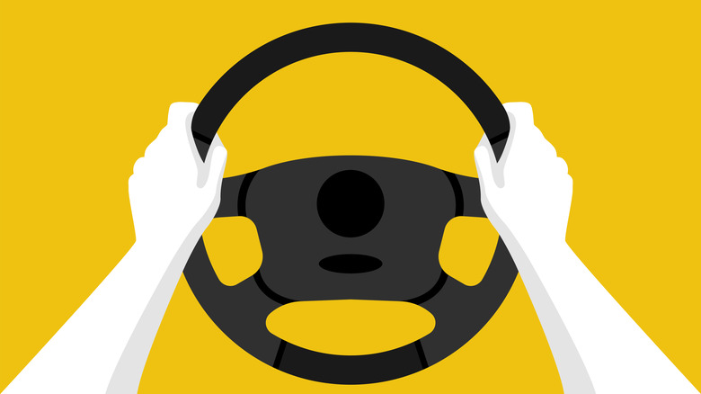 An illustration of a driver's arms extended, with their hands on a steering wheel.