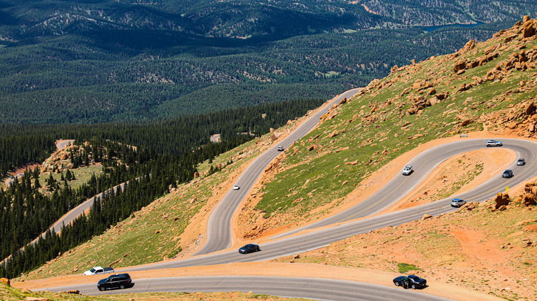 A photo looking down the mountain at Pikes Peak Highway