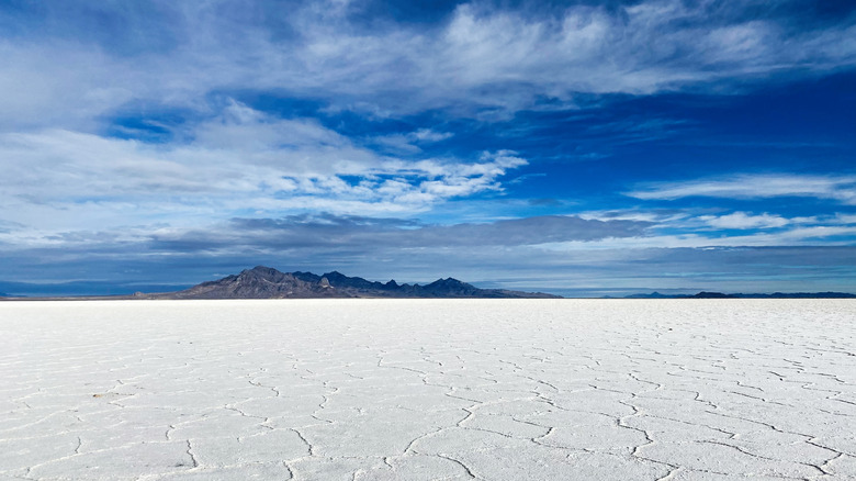 The Bonneville Salt Flats with mountains in the distance