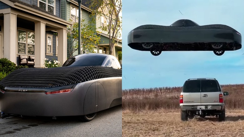 Split Image Alef Model A parked in a neighborhood and in flight over an SUV