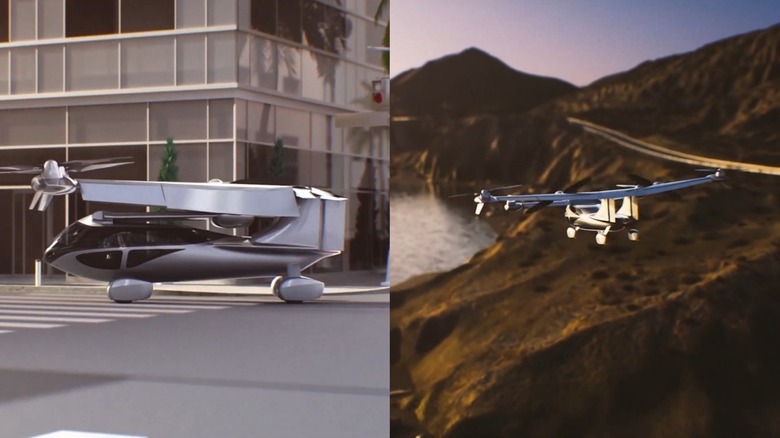 Split image: ASKA A5 illustration in driving mode and flying mode