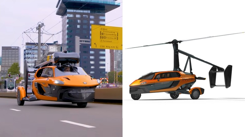 Split image PAL-V Liberty in drive mode in the city and in flight mode against white background