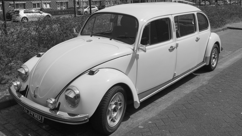 A white Volkswagen Beetle stretch limousine