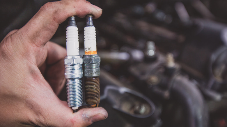 A close-up of a person holding new and a used spark plugs in hand above an engine bay.