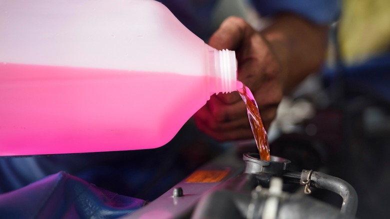 Adding engine coolant to a car's radiator.