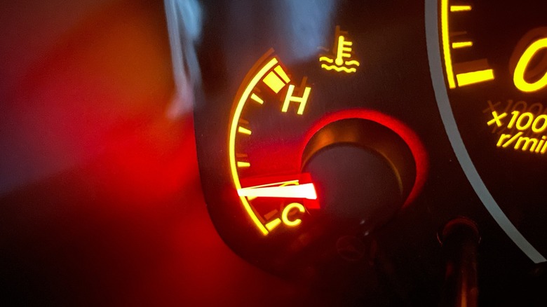 A car's temperature gauge located in the instrument panel showing a cold engine.