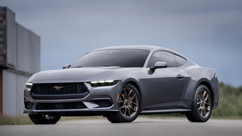Front 3/4 of gray 2026 Ford Mustang EcoBoost fastback