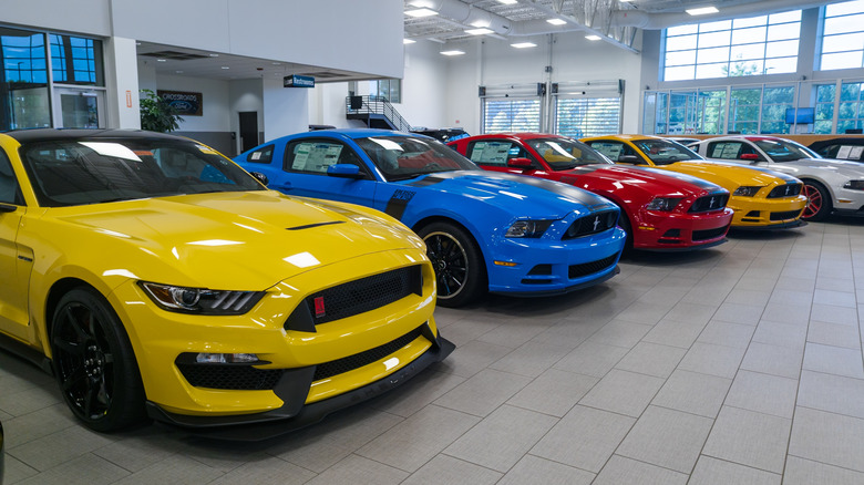 Ford Mustangs on display inside dealership