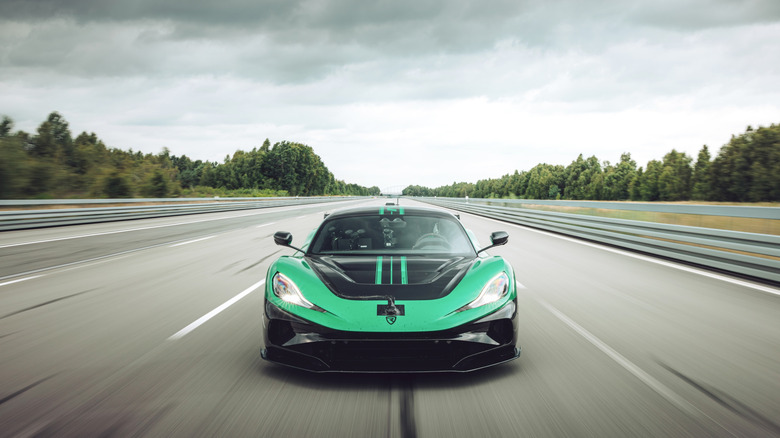 Front view of Rimac Nevera S speeding down the road