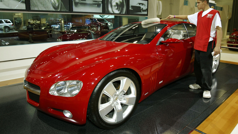Red Chevrolet Super Sports concept on the showroom floor