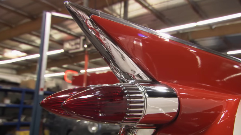 A close up of tailfin and brake lights of the original Ecto-1