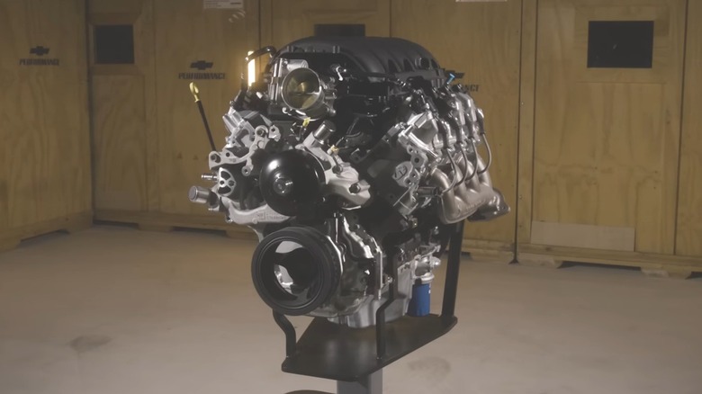 A Chevrolet L8P V8 performance crate engine on a stand