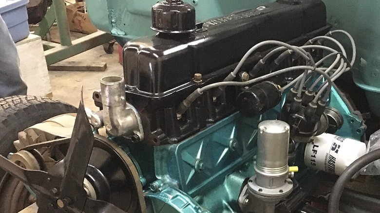 A Ford 240 inline-6 engine installed in a 1969 Ford F100.