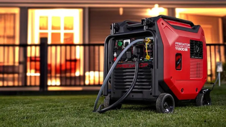 The 11,500-watt Tri-Fuel Super Quiet Inverter Generator in front of a house with its lights on.