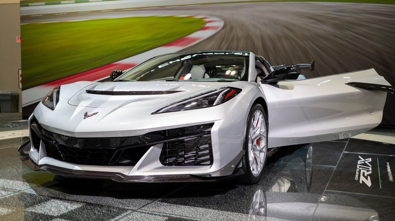 A silver Chevrolet Corvette ZR1X parked on display.