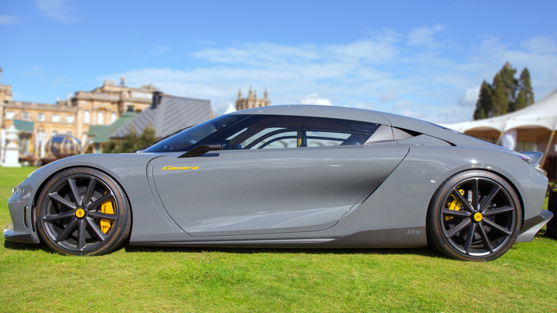 A gray Koeingsegg Gemera during a car show at Blenheim Palace in Woodstock, England.