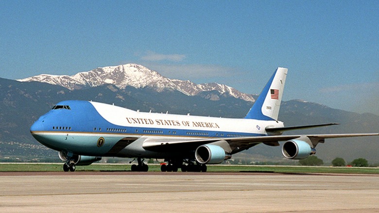 The U.S. Air Force One parked on tarmac at an airfield