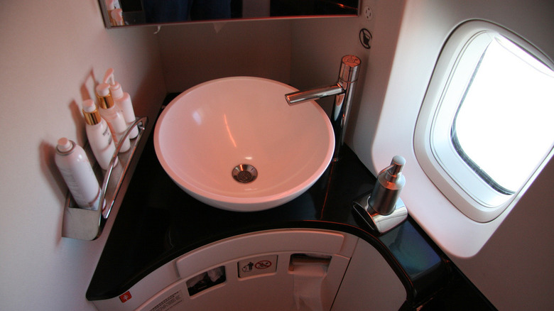A first class toilet aboard a Cathay Pacific aircraft