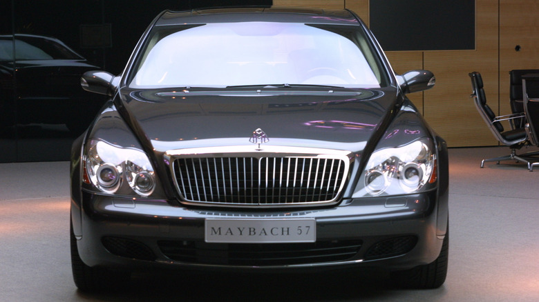 A front-end view of a dark gray Mercedes Maybach 57 S