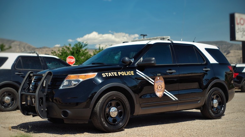 New Mexico police cruiser sits parked.