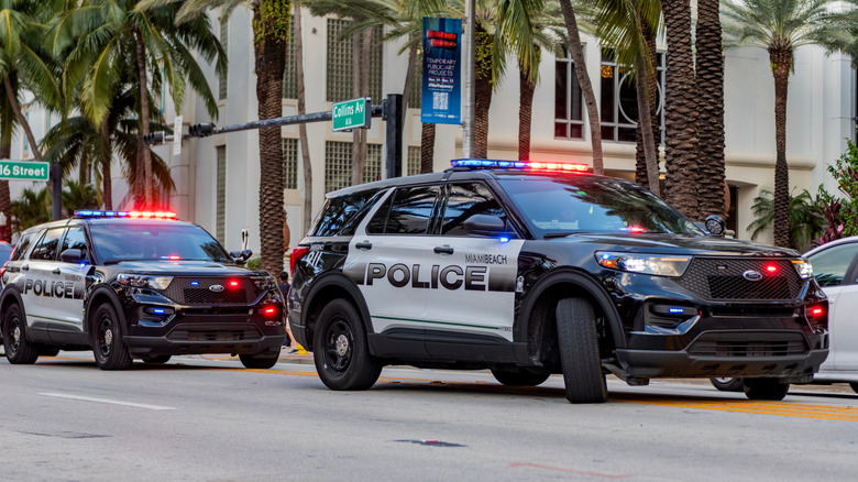 Ford Police Interceptors cruising down a street with palm trees in background.