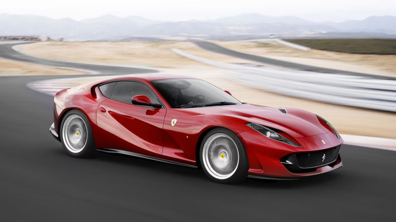 The front 7/8 of a Ferrari 812 Super fast on the track