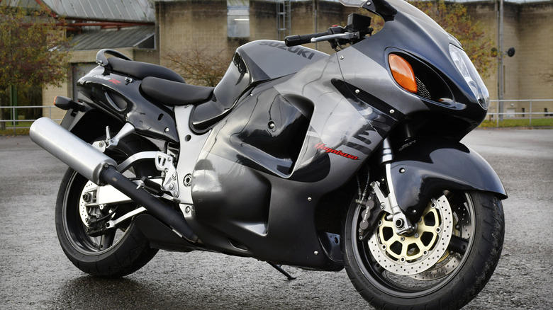 Hayabusa motorcycle parked on wet asphalt