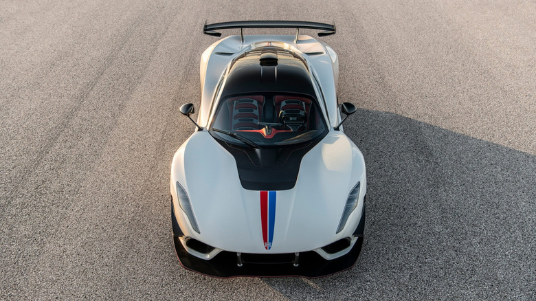 A top-end view of a white Hennessey Venom F5 Revolution.