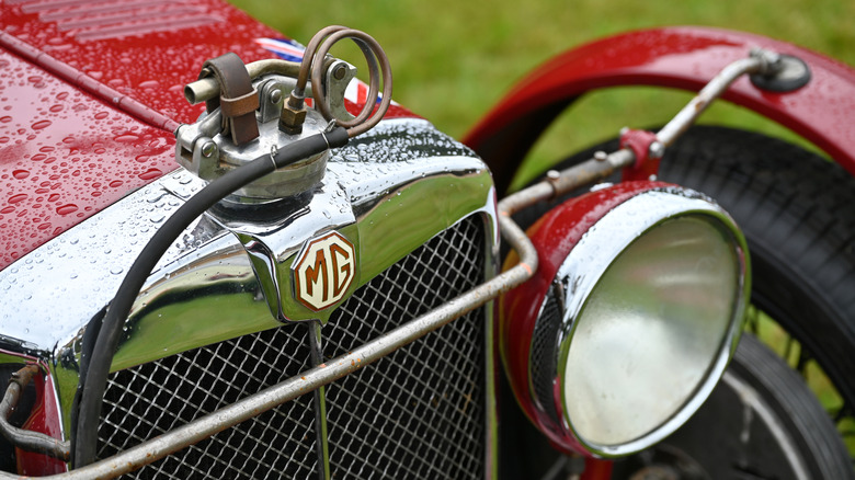 An MG K3 Magnette radiator cap and grille with drops of water glistening
